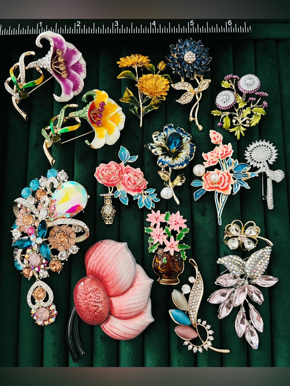 15Pc Statement Floral Brooch Lot Vintage Style Crystal Enamel Flower Pin Jewelry